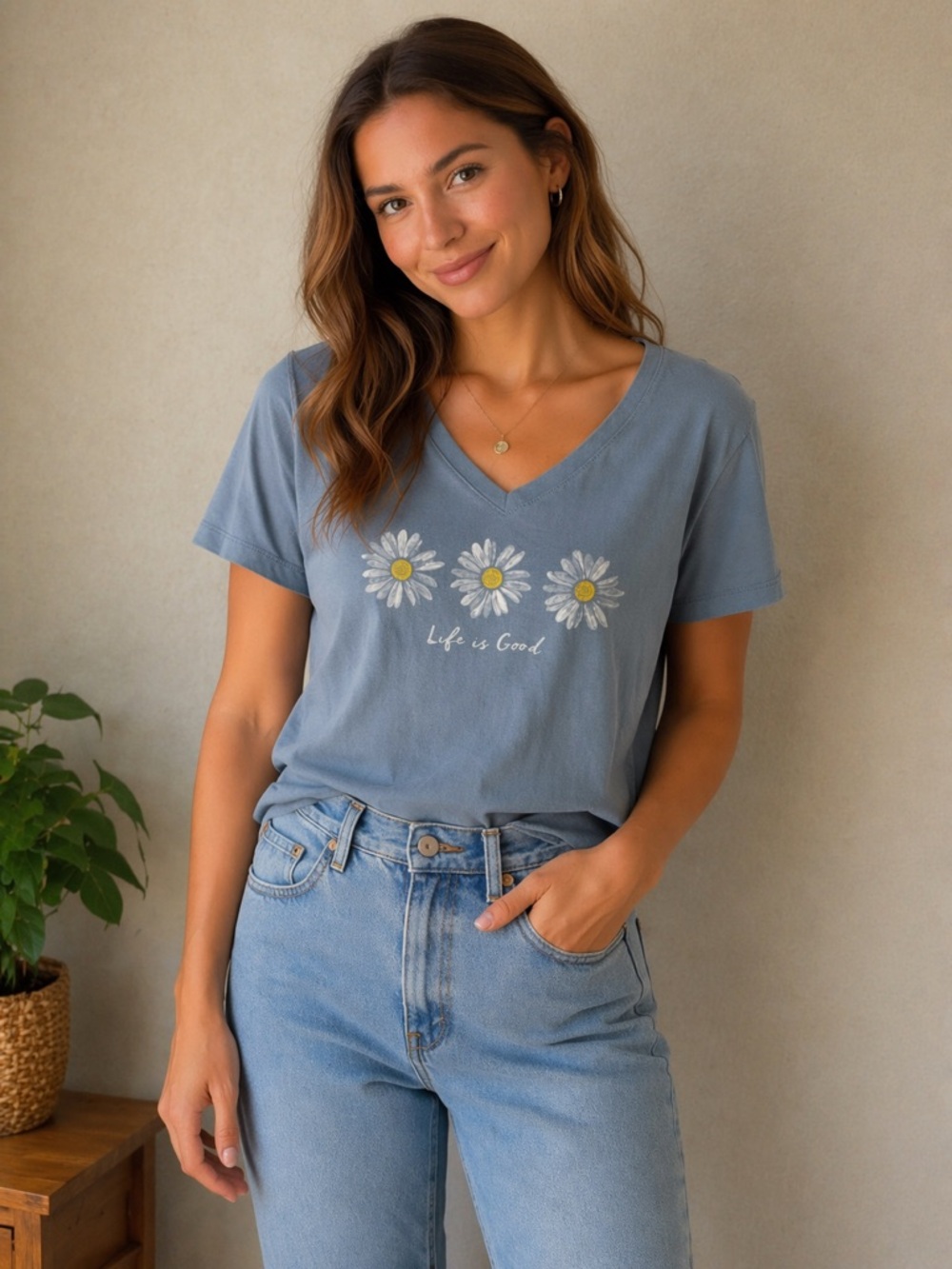 Life Is Good Women's Daisy V-Neck Tee in Dusty Blue with White and Yellow